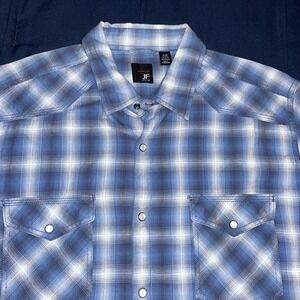 J Ferrar Modern Fit Shirt Mens XL 17-17.5 Pearl Snap Blue Plaid Short Sleeve